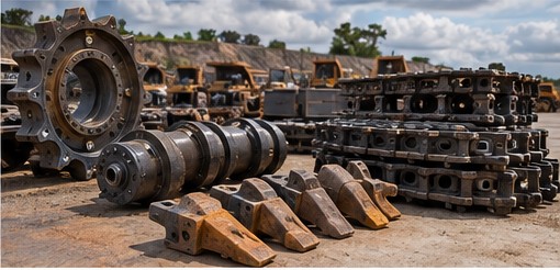 Undercarriage rollers, track chain and bucket teeth