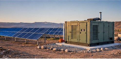 Solar panels and a diesel generator at a mine site