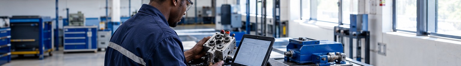 Technician checking a hydraulic part against a parts list